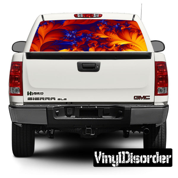 Pickup truck rear window flame decal with blue and orange swirl design