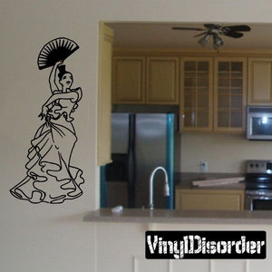 Flamenco dancer wall decal with standing figure, ruffled dress, and wide fan