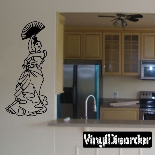Flamenco dancer wall decal with standing figure, ruffled dress, and wide fan