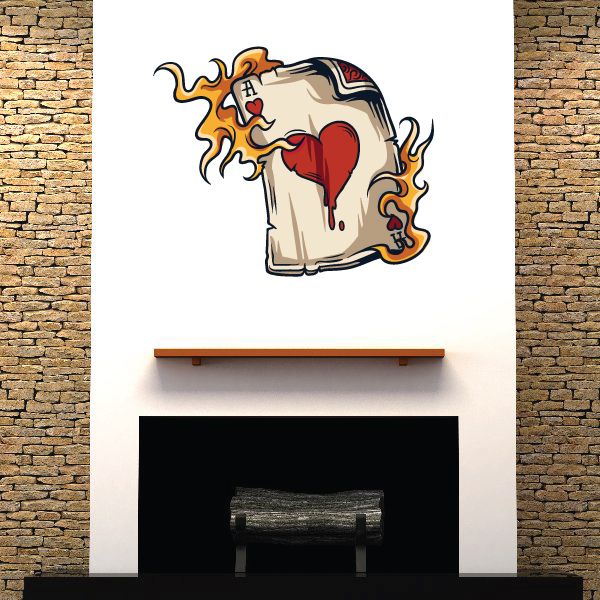Flaming ace playing card sticker: skull with flames and Ace of spades