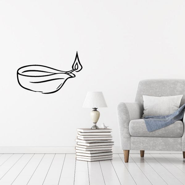 Flaming candle dish decal: black line art of a dish with a flame