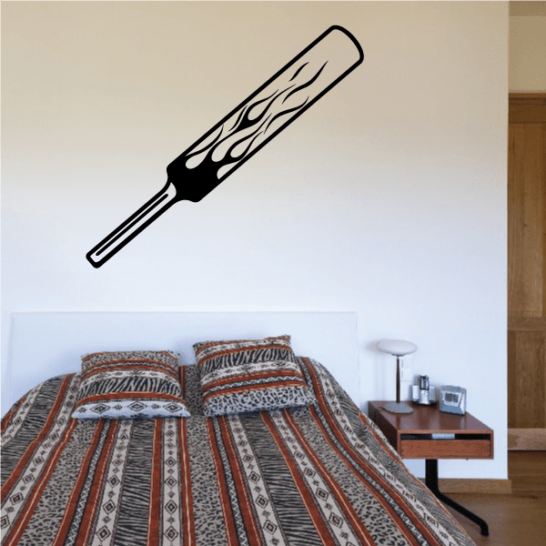 Flaming cricket bat decal with black bat and flame-style detailing