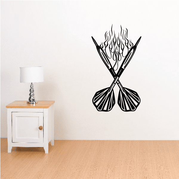 Flaming crossed darts vinyl decal with black darts and orange flames