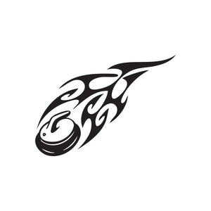 Flaming curling stone decal, black flame swirl graphic with white highlights