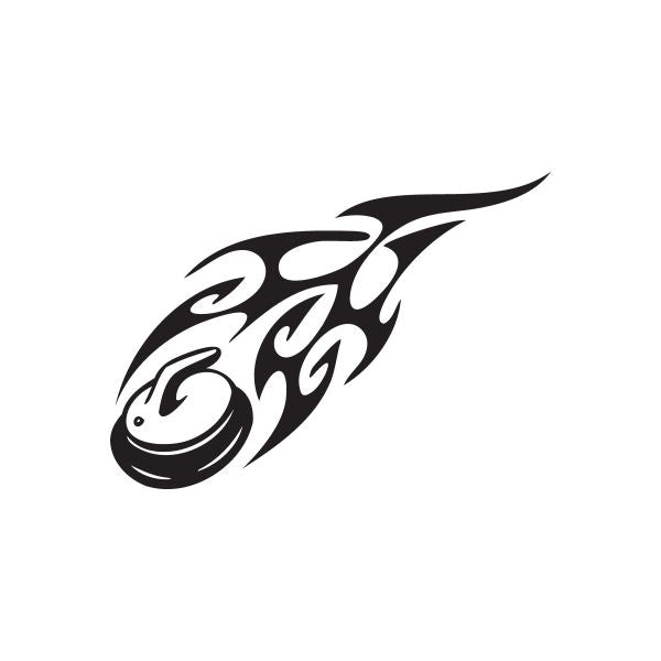 Flaming curling stone decal, black flame swirl graphic with white highlights