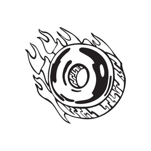 Flaming donut decal sticker in black and white with eye-like center