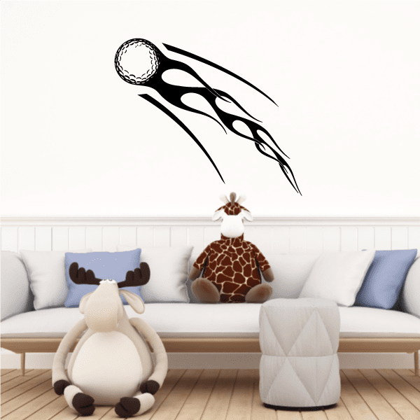 Flaming golf ball wall decal with black fireburst and curved streaks