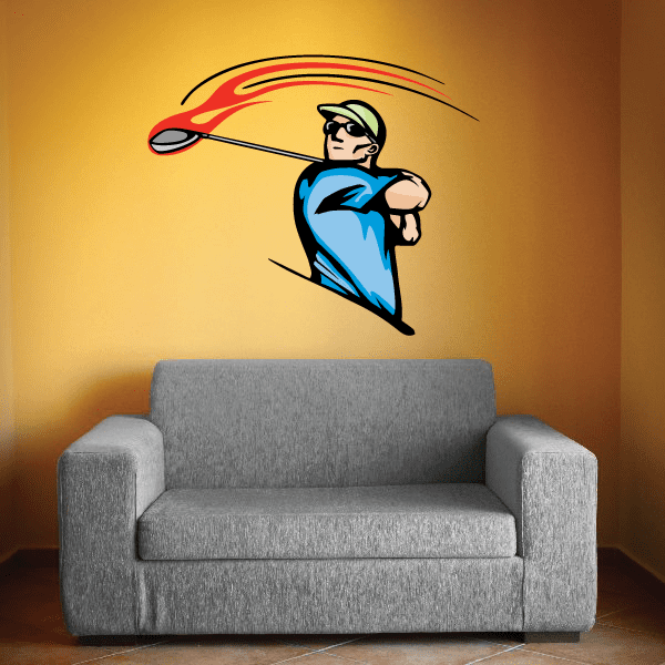 Flaming golf wall decal vinyl sticker with golfer holding club, red and yellow flame trail
