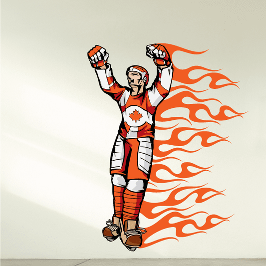 Image of Flaming Hockey Player Wall Decal - Vinyl Sticker - Car Sticker - Die Cut Sticker - CDSCOLOR181