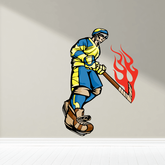 Image of Flaming Hockey Player Wall Decal - Vinyl Sticker - Car Sticker - Die Cut Sticker - CDSCOLOR182