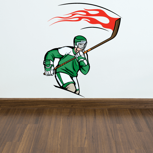 Image of Flaming Hockey Player Wall Decal - Vinyl Sticker - Car Sticker - Die Cut Sticker - CDSCOLOR183