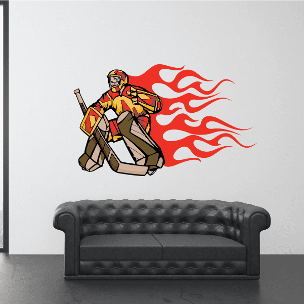 Image of Flaming Hockey Player Wall Decal - Vinyl Sticker - Car Sticker - Die Cut Sticker - CDSCOLOR186