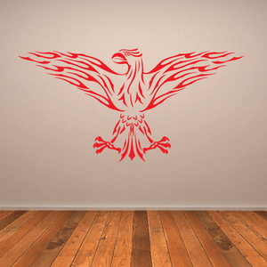 Flaming phoenix wall decal with red flame wings and white body, centered design