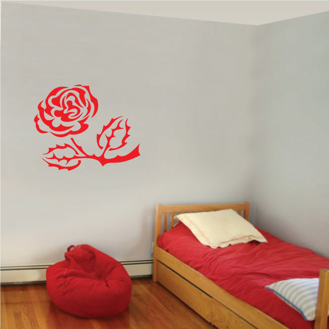 Flame rose decal with red rose and swirling flame accents