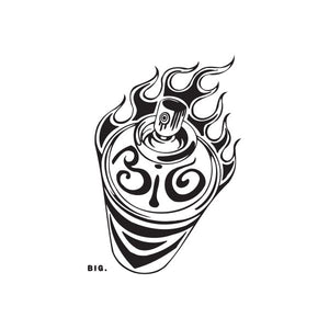 Flaming spray paint can decal, black-and-white skull flame graphic with swirl lines