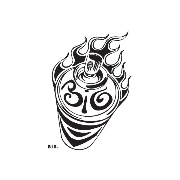 Flaming spray paint can decal, black-and-white skull flame graphic with swirl lines