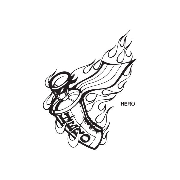 Flaming spray paint can hero decal in black line art with flame outline and HERO text