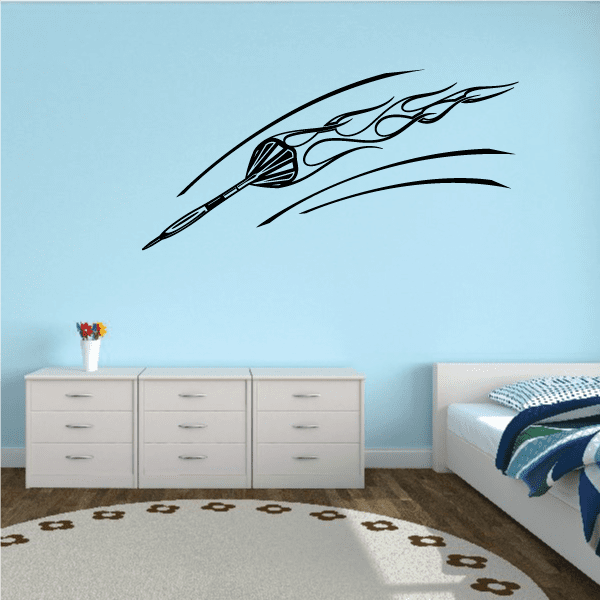 Flaming throwing dart wall decal, black dart with flame and flame streak lines