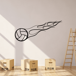 Flaming volleyball wall decal with black outline ball and flame shapes