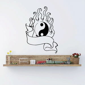 Flaming yin yan and scroll wall decal, black and white flame yin-yang with swirls
