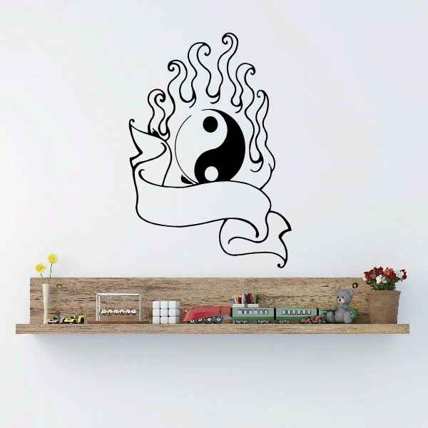 Flaming yin yan and scroll wall decal, black and white flame yin-yang with swirls