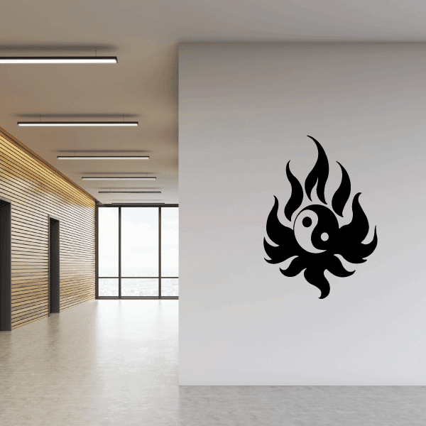 Black flaming yin-yang moon wall decal with crescent and flame shapes