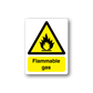 Flammable gas warning sticker: yellow triangle with flame icon and text
