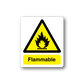Flammable warning sticker with yellow hazard triangle, flame icon, and Flammable label