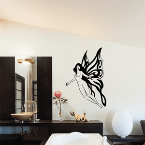 Black fairy and flapping butterfly wall decal with long flowing wings