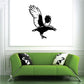Black flying raven wall decal with wings spread and beak open.