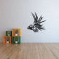 Peacock head feather decal, black stylized profile with flared crest