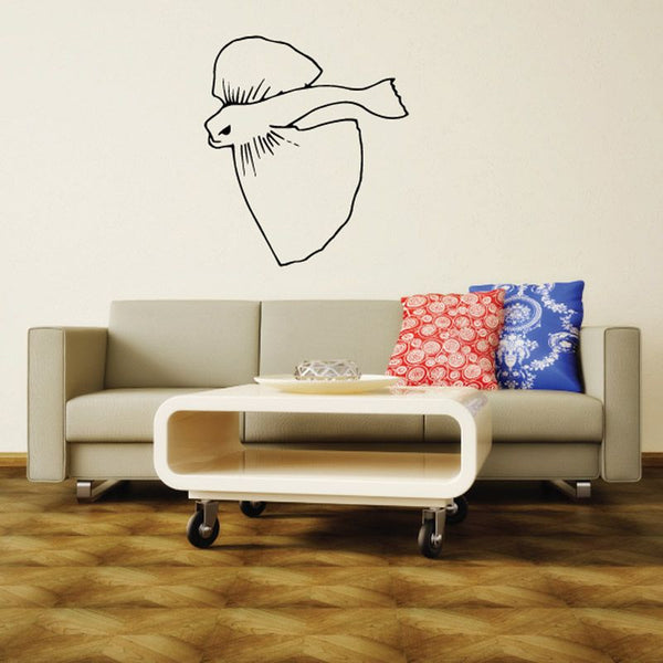 Flying fish wall decal with flared fins, black line art