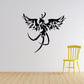 Black peacock wing decal with flared feather shapes, centered on wall