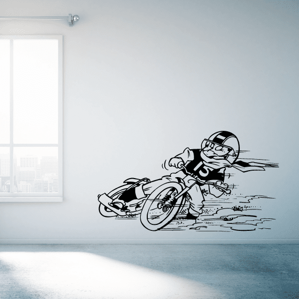 Cartoon dirt bike decal with helmeted rider, black and white line art