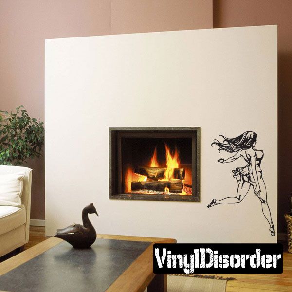 Black line-art fleeing damsel vinyl decal with flowing hair and dress