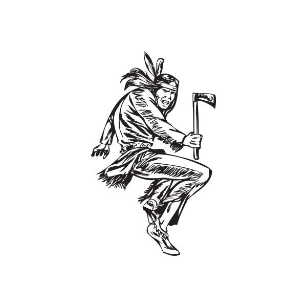 Line art warrior decal running, holding an axe, feather headdress