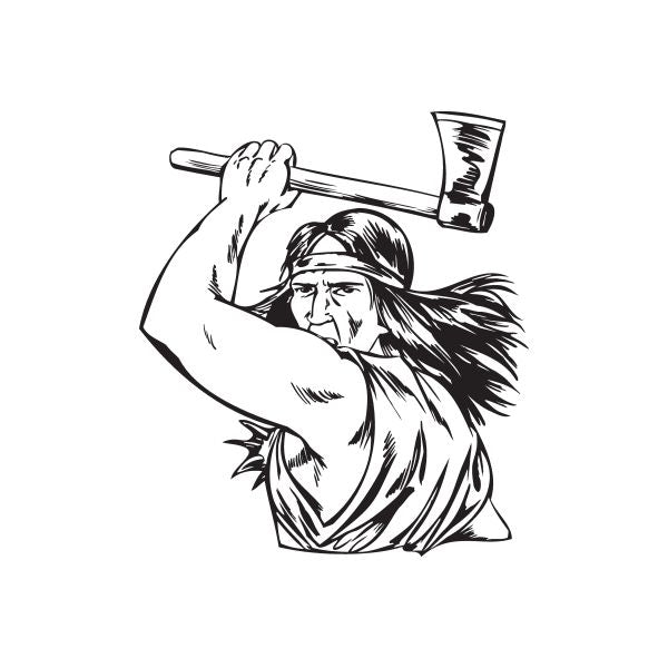 Native American hatchet decal, black line art of warrior in headdress