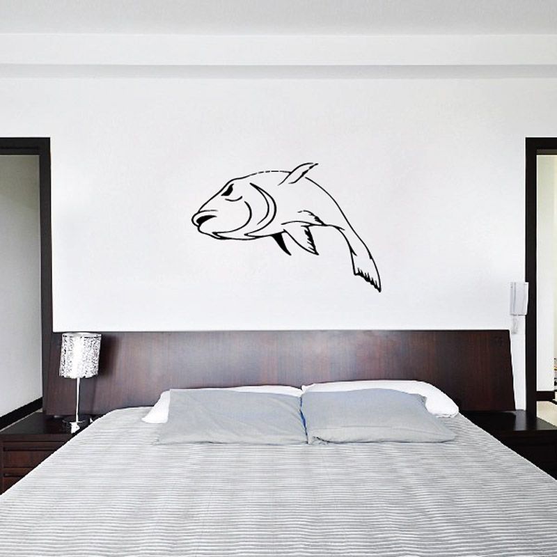 Jumping bass fish wall decal in black line art