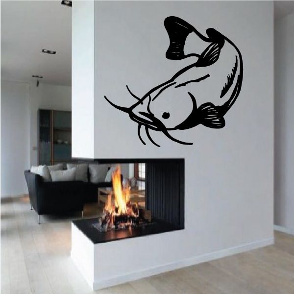 Flipping catfish wall decal, black and white fish silhouette with whisker details.