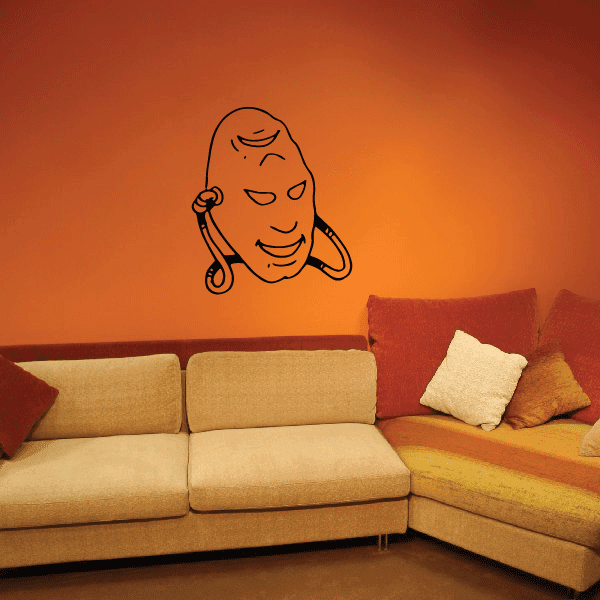 Comedy and tragedy mask decal with smiling and frowning faces in line art