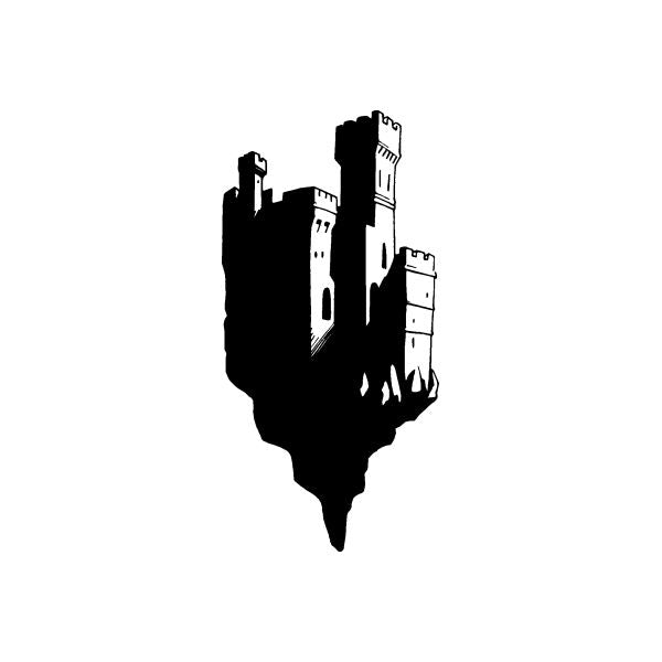 Floating castle decal with black castle silhouette and tower shapes