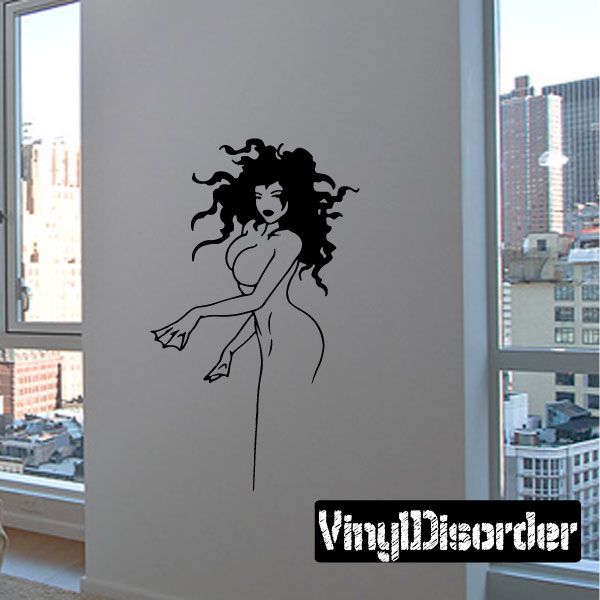 Floating mermaid hair decal, black line art of woman with flowing curls