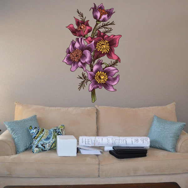 Purple floral bouquet wall sticker with small leaf stems and flower clusters