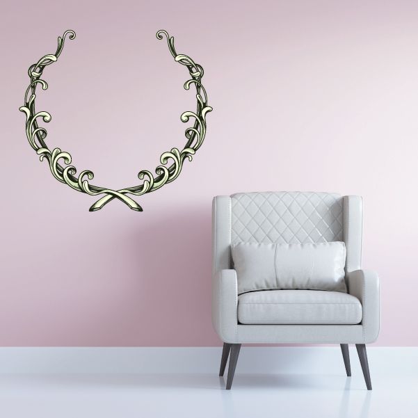 Floral crest wall decal vinyl sticker, green ornamental wreath with bow