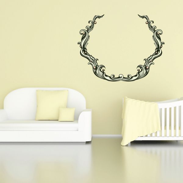 Floral crest wall decal with ornate U-shaped vine design in dark gray