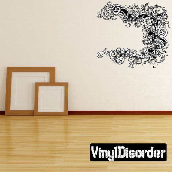 Ornate floral corner wall decal, black vine frame design