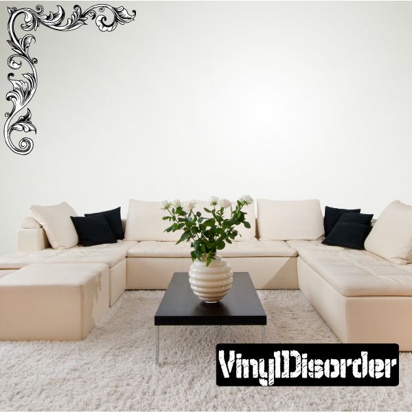 Ornate floral corner wall decal with gray scrollwork frame