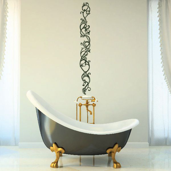 Ornate floral vine wall decal with gold accents, vertical frame design