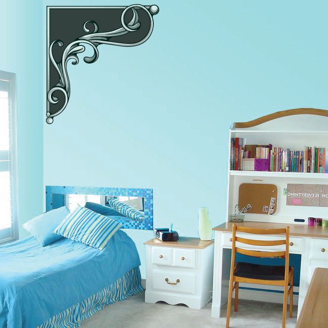 Floral frame wall decal with corner scrolls, dark gray vinyl sticker
