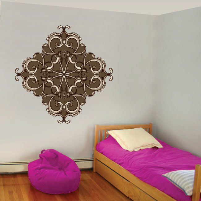 Floral headboard wall decal with ornate brown scroll medallion